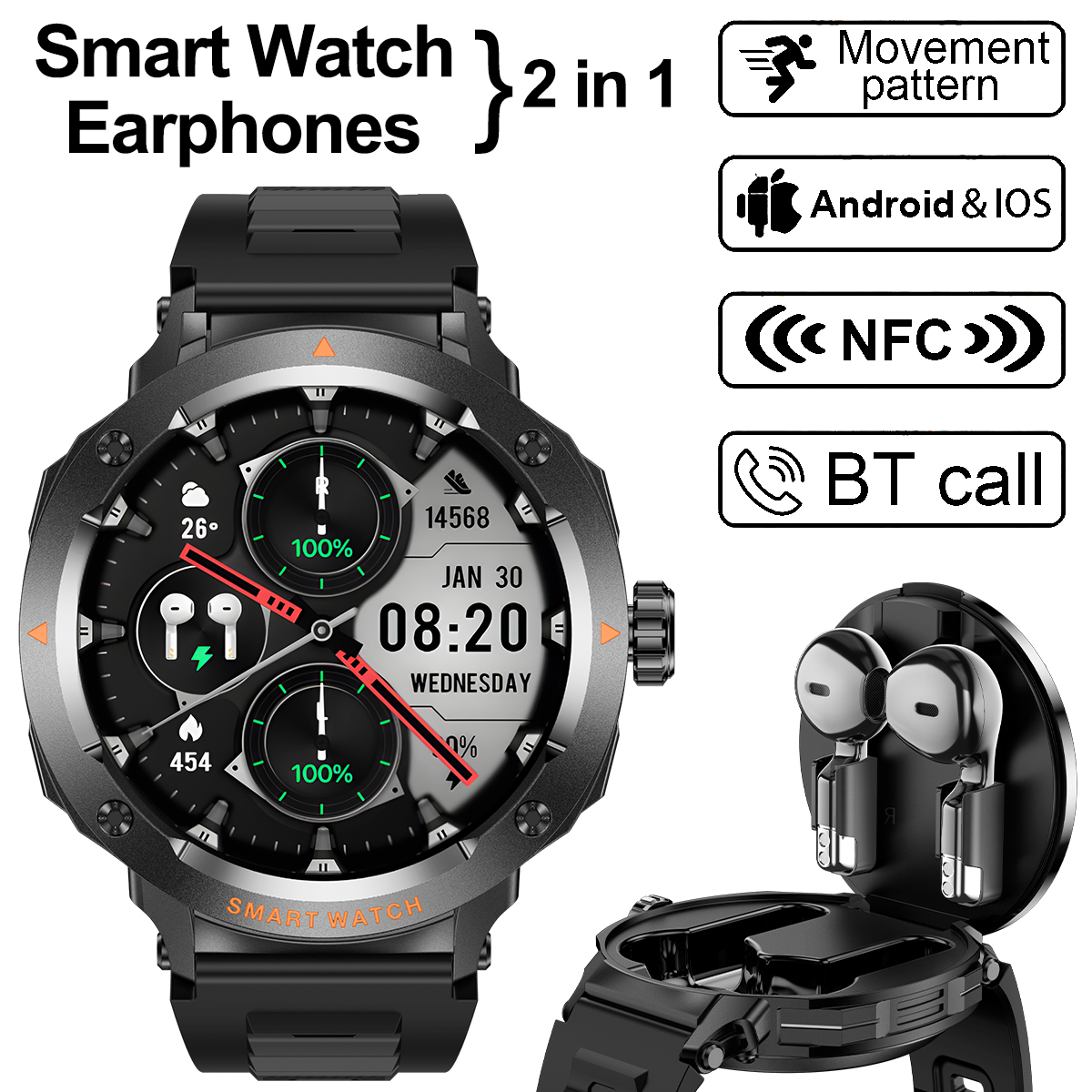 NFC Smart Watch Wireless Earph - Earbuds Charging Case incelemesi ve fiyatı